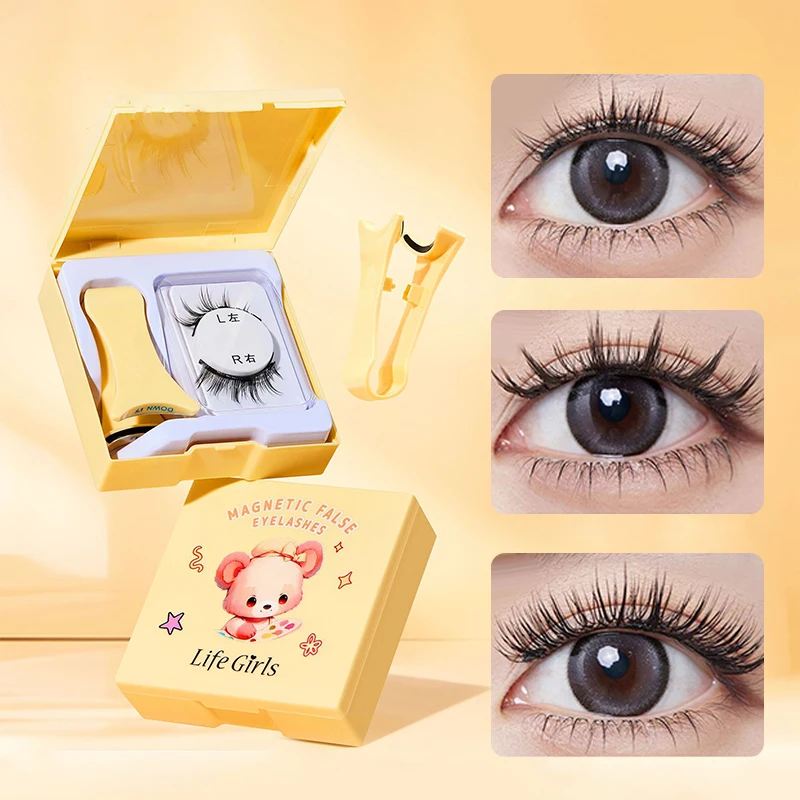 &Hot Magnetic Eyelashes Set 1 Pair Reusable No Glue Needed False Eyelashes With Magnetic Tweezers Curly Faux Lashes Makeup Tool