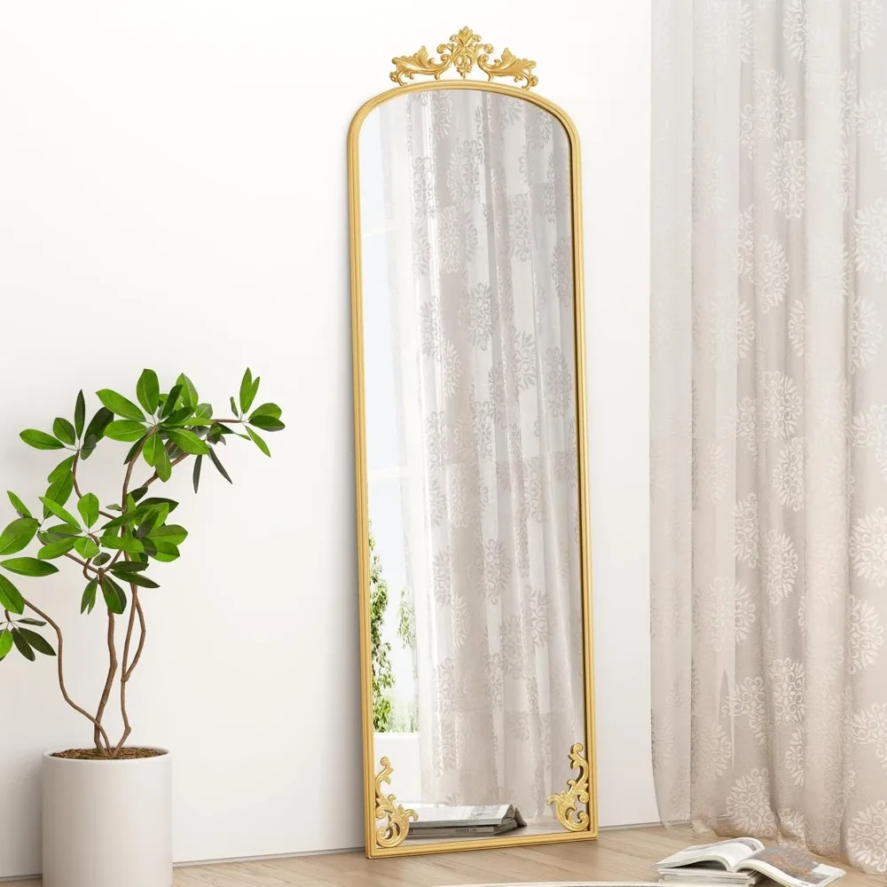 مرآة بإطار معدني منحوت باللون الذهبي مقوسة بطول كامل، قائمة على الأرض 65 × 21، ديكور منزلي ومرآة كاملة للجسم لحفلات الزفاف