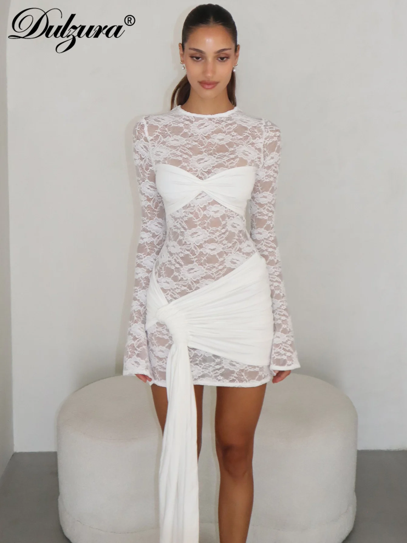 Dulzura س الرقبة طويلة الأكمام Bodycon Ruched الدانتيل يصل انظر على الرغم من الدانتيل فستان قصير الصلبة مثير فستان كاجوال نادي الحفلات الزي الصيفي