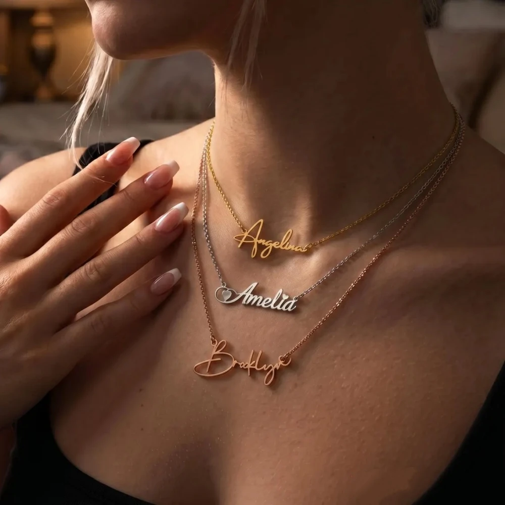 Customized Name Dainty Necklace  Women Jewelry Stainless Steel Cursive Script Nameplate Necklace Gift For Her or Best Friends