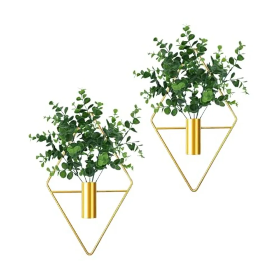 

2 Pieces Diamond Shape Hanging Planters with Artificial Eucalyptus Plants Metal Vase Indoor Holder Modern Geometric Wall Decor