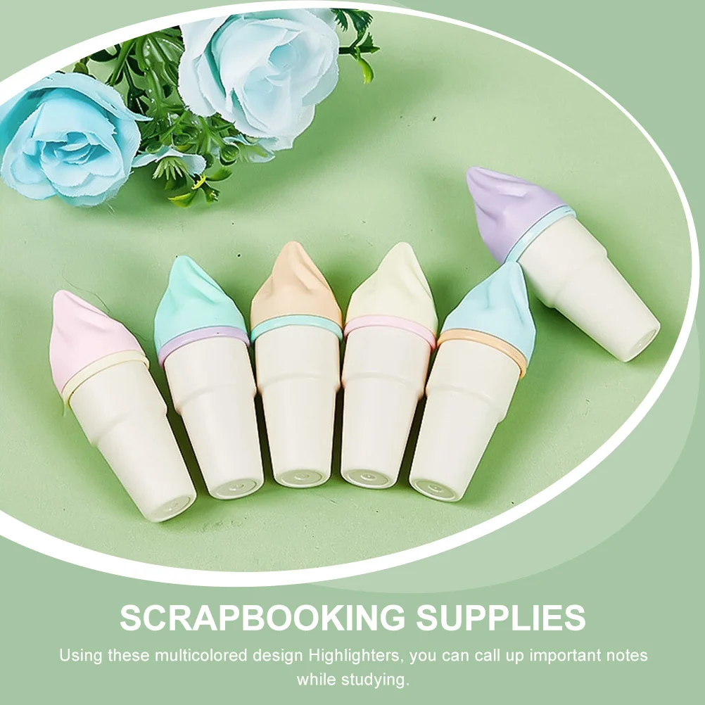 

6pcs Ice Cream Cone Highlighters Multicolored Markers For Adult Coloring Scrapbooking Supplies Lightweight No Ink Leakage Art
