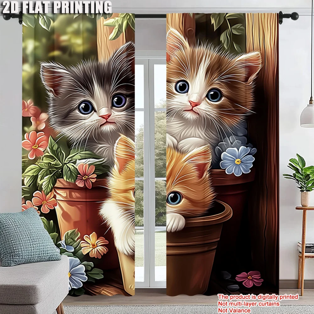 

2Pcs Kitten Flower Window Curtains For Bedroom And Living Room Rod Pocket Polyester Material Drapes For Office Study Home Decor