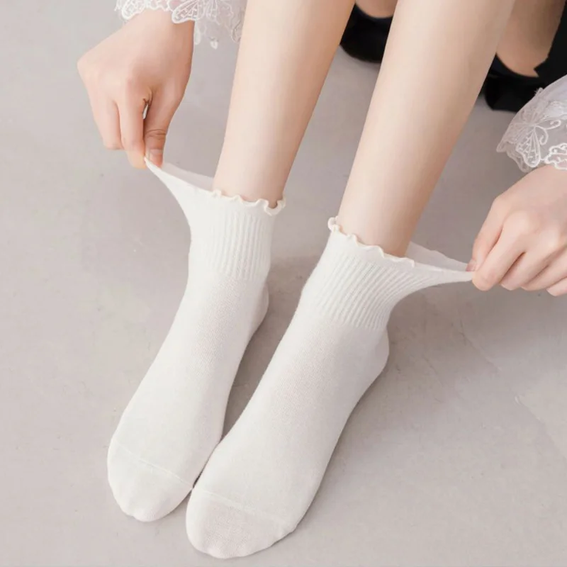 4pcs Summer Cotton Ruffles Ankle Socks Women INS Cute Kawaii Luxury Korean Sock Girl Spring Black White Middle Tube Japanese Sox