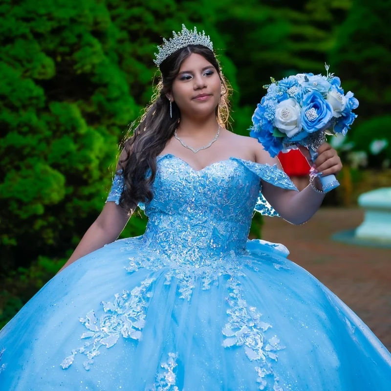 Sky Blue Quinceanera Dresses Ball Gown Off The Shoulder Applique Lace Beading Bow Tull Corset Sweet 16 Dress Vestido De 15 Anos