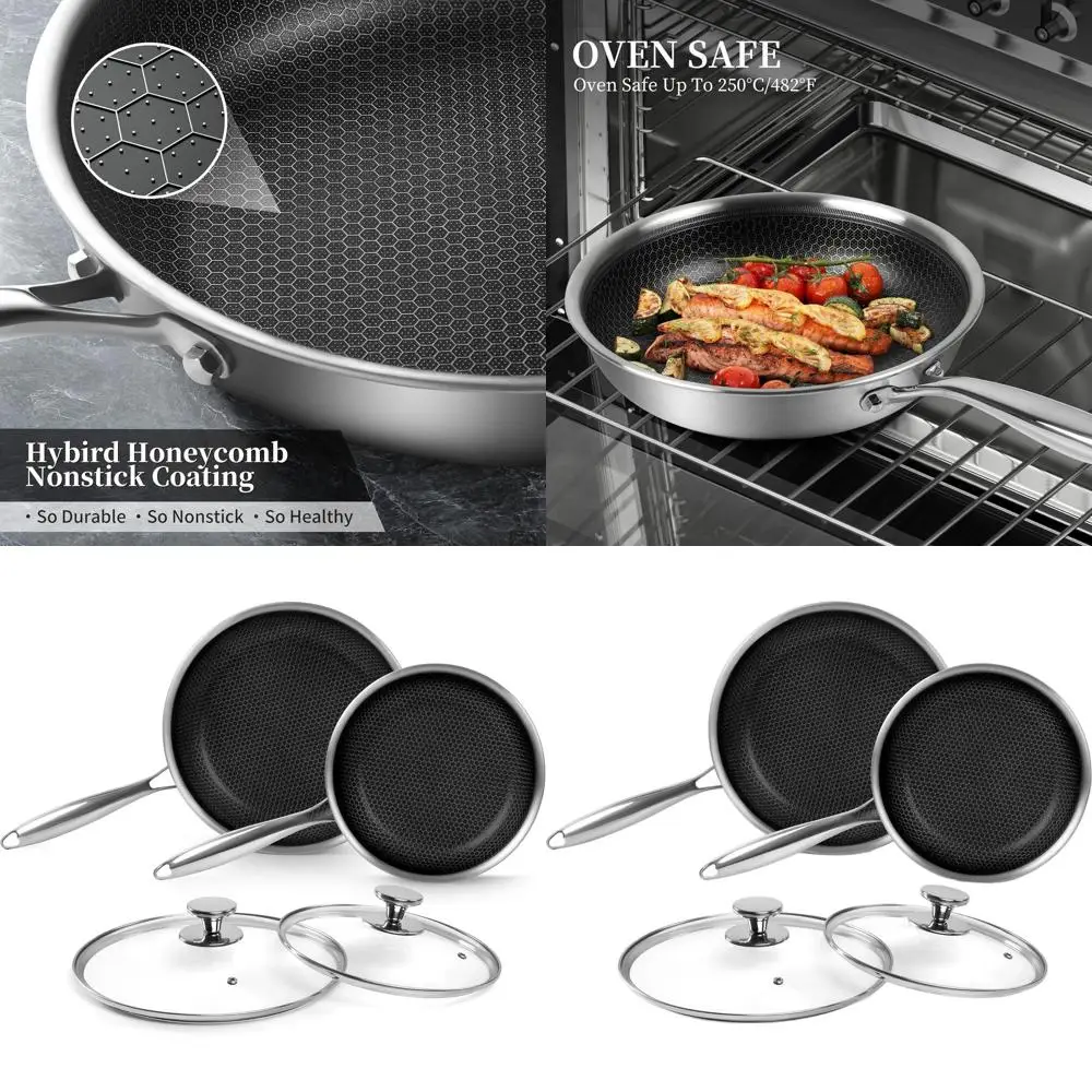 

Набор сковородок из нержавеющей стали с антипригарным покрытием в виде сот, 9,5 и 11 с крышкой, подходит для индукционных и газовых плит