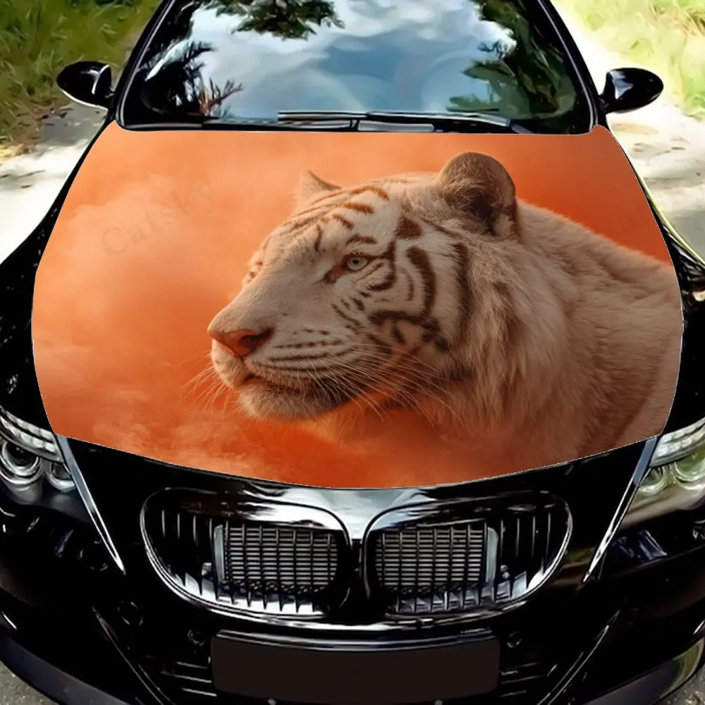 

Белый тигр против оранжевого фона Наклейка на капот автомобиля - прочная виниловая пленка, брызгозащищенная и легкая съемка, подходит для A