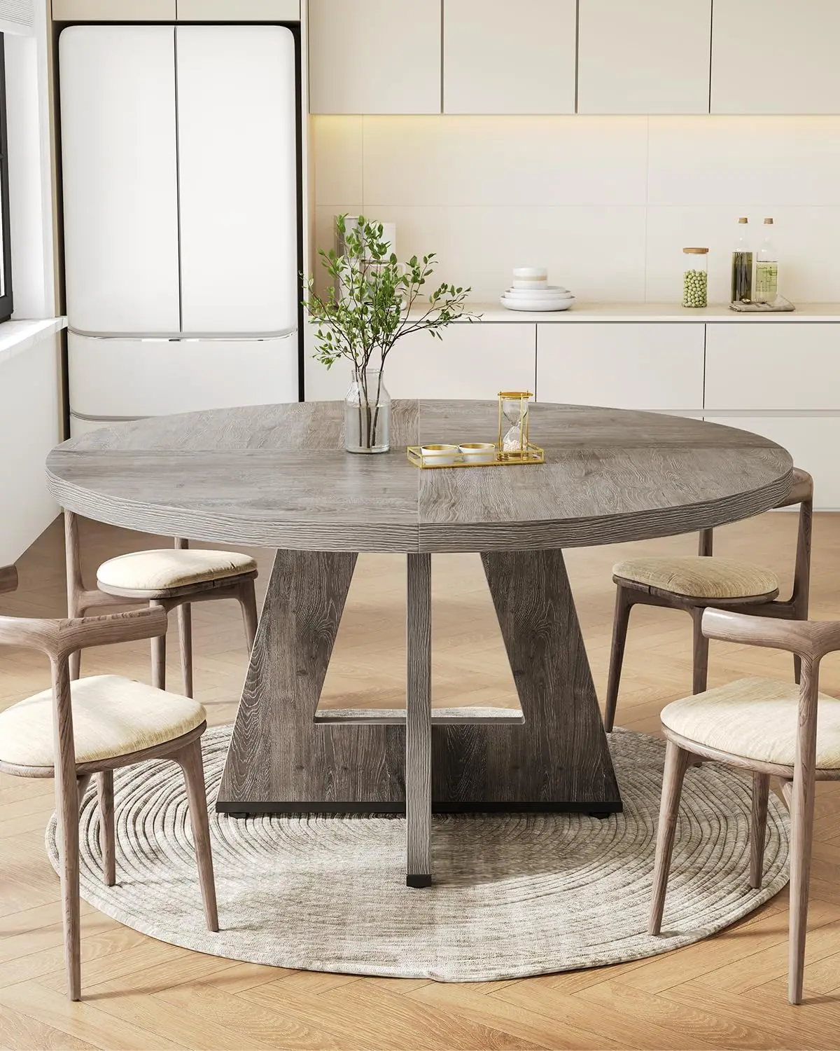 Mesa de comedor redonda para 4-6 personas, mesa de comedor de 47 pulgadas con base de pedestal de madera, mesa de cena gris, cocina circular