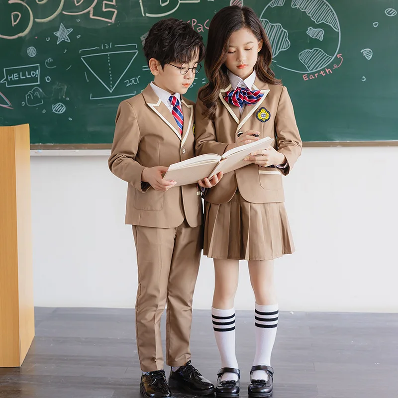 Boys School Uniform Girls Jacket Khaki Skirt Shirt Tie Suits Kids Formal Dress Tuxedo Toddler Clothes Sets Child Student Outfits