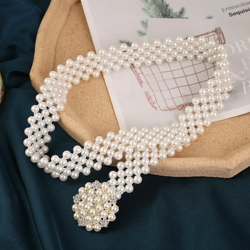 

Versatile Elastic Belt Flower Bow Gold Buckle Decorative Belt Dress Sweater Belt Women's Fashion Sweet Imitation Pearls