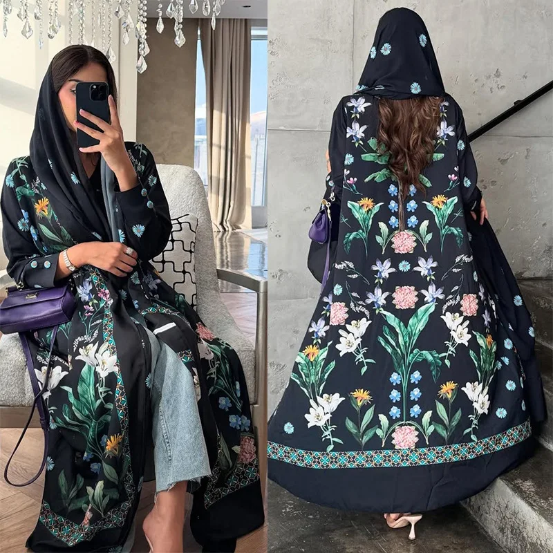 

Modest Open Abaya Women Muslim Dress Digital Printed Middle East Islamic Clothing Abaya Dubai Cardigan Robe with Headscarf