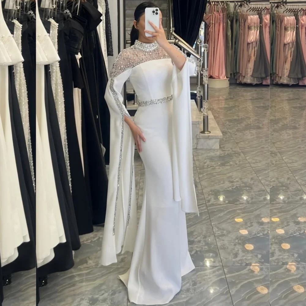 

Elegant White Mermaid Evening Dress Transparent Beaded Open Sleeve Ball Dress Special Occasion Wedding Party Dress Customized