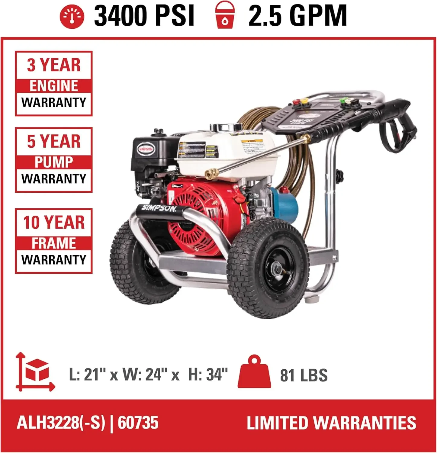 Cleaning ALH3228-S Aluminum Series 3400 PSI Gas Pressure Washer, 2.5 GPM, HONDA GX200 Engine, CAT Triplex Pump, Includes