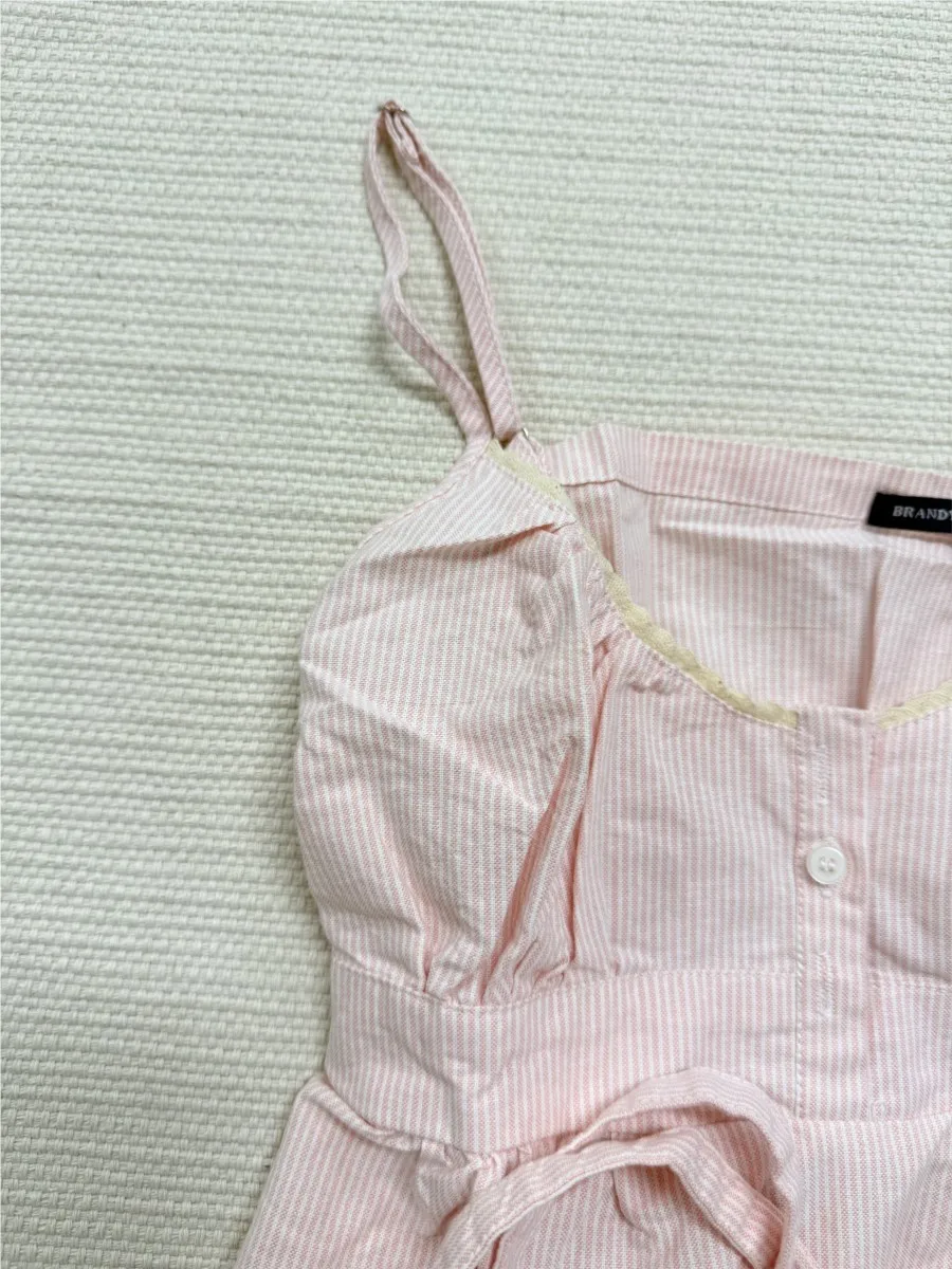 Pink Striped Lace Trim Tank Shorts Set Suit Women New Button Camisole +Elastic Waist Short Pant Sweet Cute Home 2 Piece Sets Y2K view 5