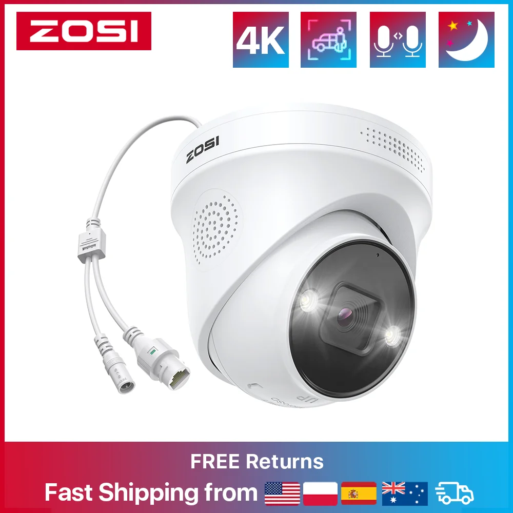 ZOSI 4K PoE IP Camera AI Human Detect Outdoor Security Camera H.265+ 8MP/5MP 100ft Night Vision IP66 Video Surveillance Camera