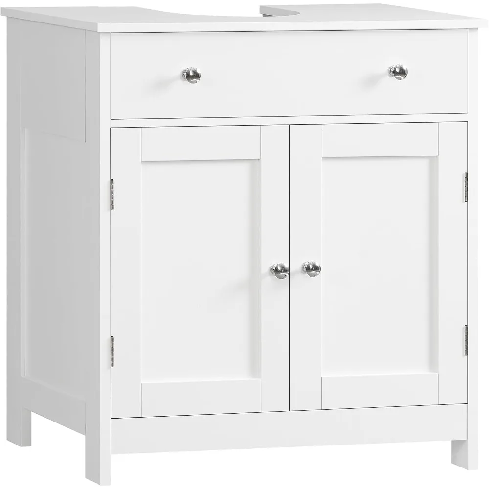 

Pedestal Sink Storage Cabinet with Two Doors and Drawer Under Bathroom Sink White U-Shape Cut-Out