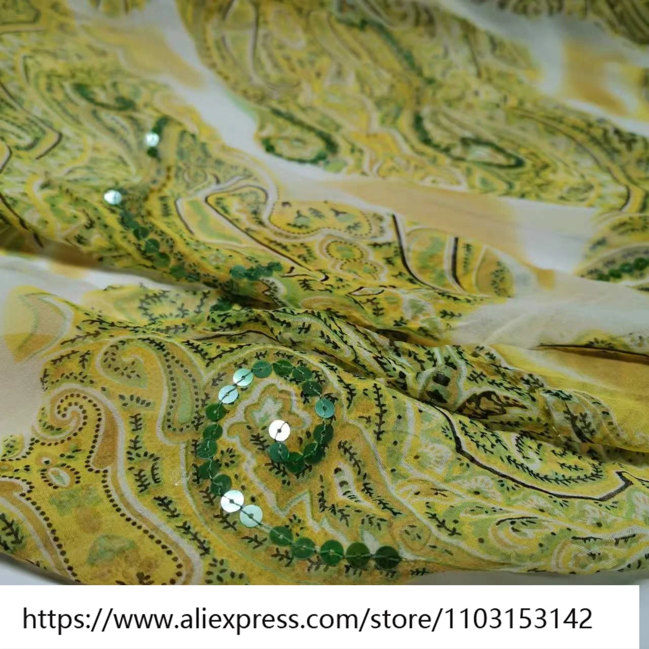 

Summer Light and Slightly Transparent Embroidered Silk Qiaoqi Fabric 8Momme Sequins Wide Fashion