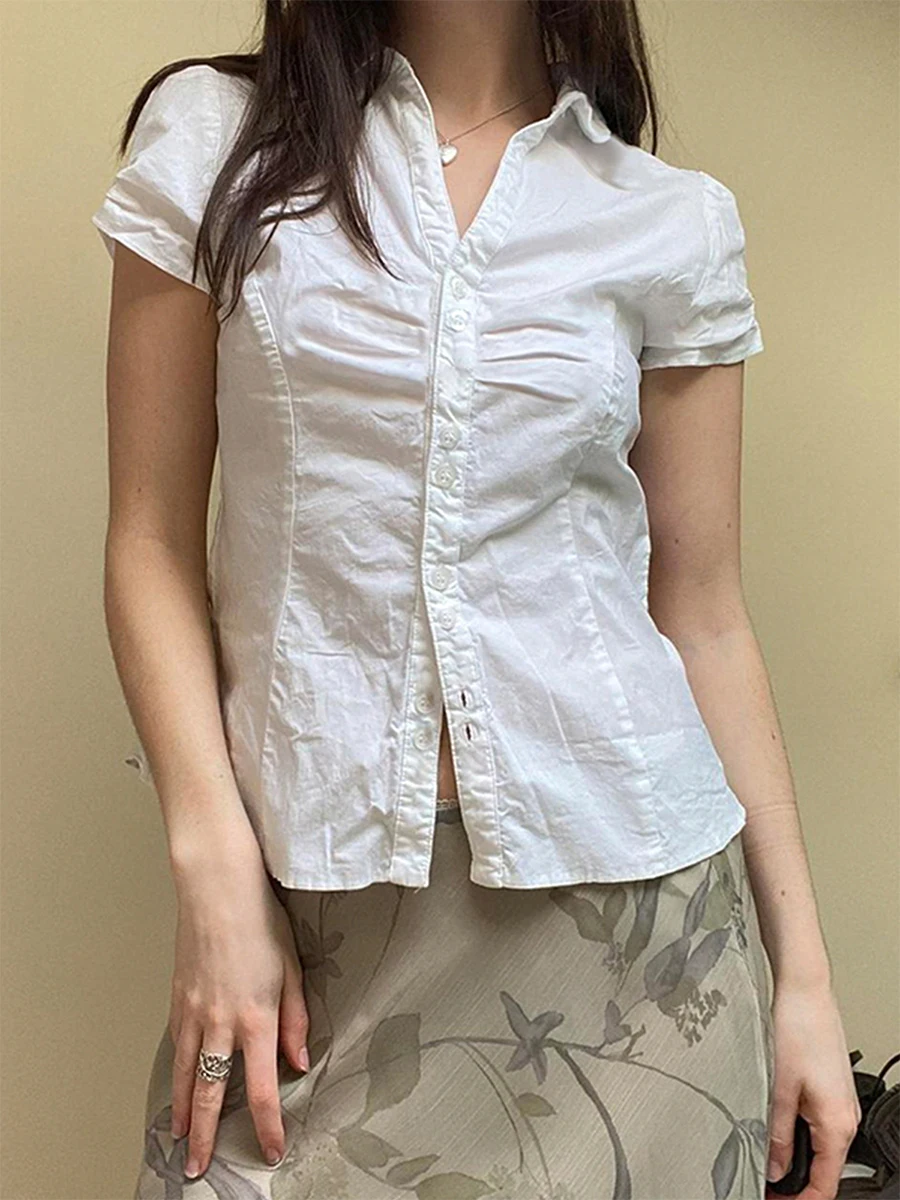 Women s Button Down Shirts Cap Sleeve Lapel Collar Tie Back  Fit Tops Summer Shirts