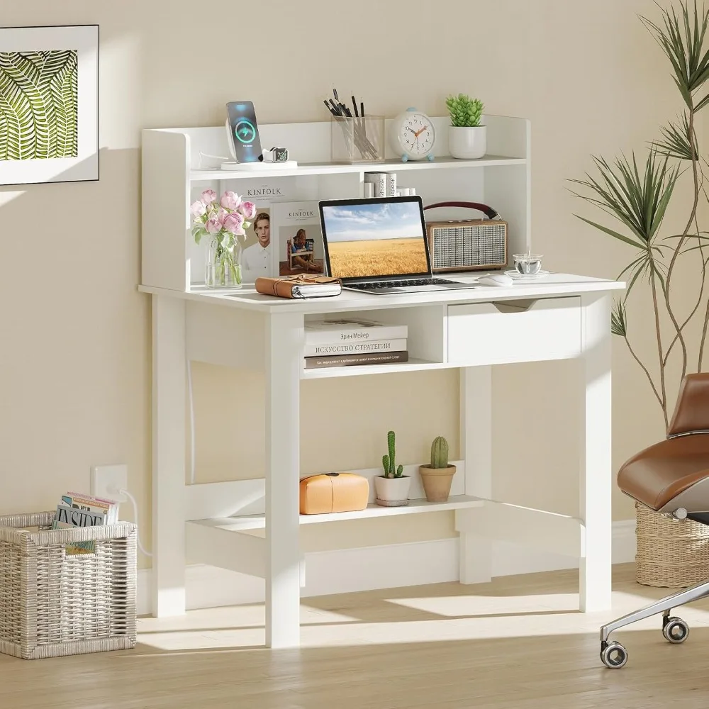 허치가 있는 Giantex 화이트 컴퓨터 책상, 전원 콘센트가 있는 홈 오피스 책상, USB 포트, 타입-C, 수납 선반 및 서랍, 모던 L