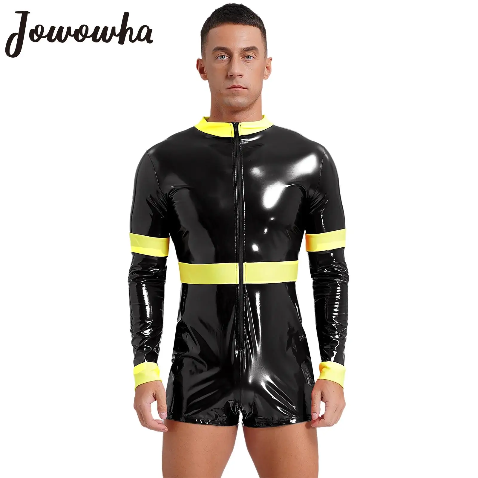 Mens Sexy Firefighter Costume Long Sleeve Zipper Patent Leather Bodysuit Jumpsuit Halloween Fireman Cosplay Rave Party Clubwear