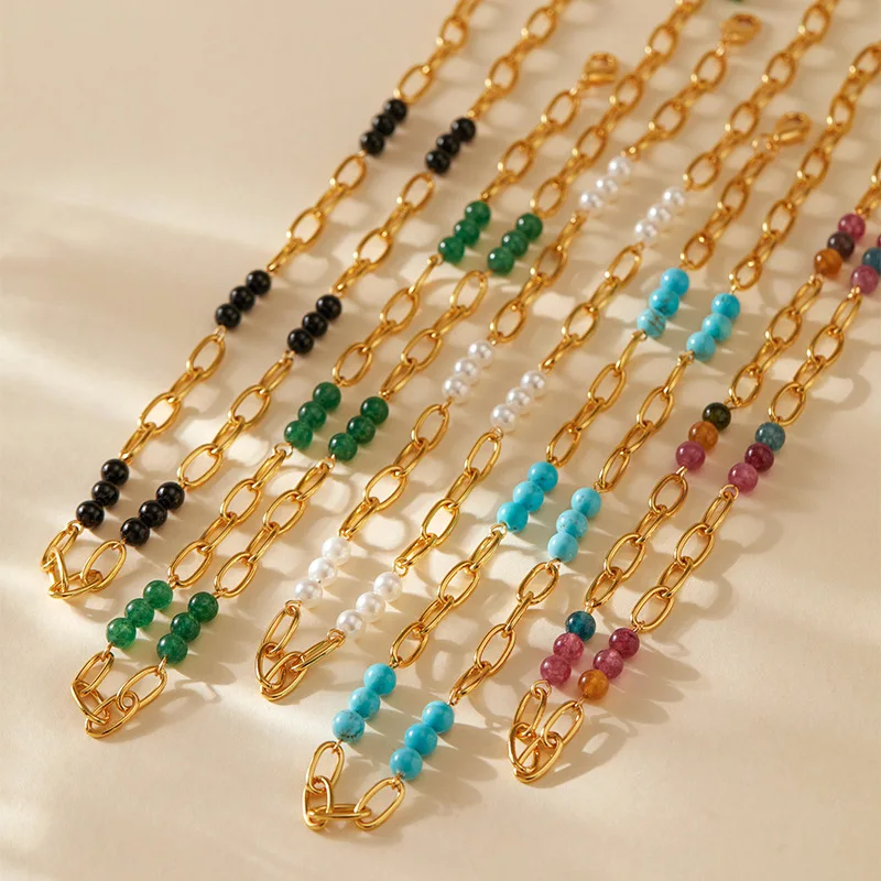 Kalung Lapis Emas 18K Sederhana, Dapat Ditumpuk untuk Wanita, Kalung Rantai Klavikula Berhias Manik-Manik, Perhiasan Fashion