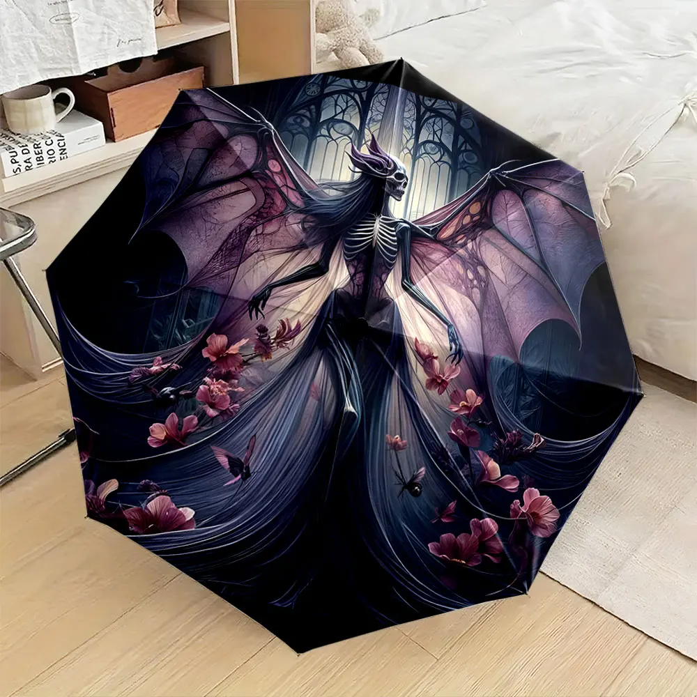 1PC Mystical skeleton-themed umbrella design with floral accents Print 8 Iron Ribs Folding Umbrella Auto-Open Fashion Sunshade