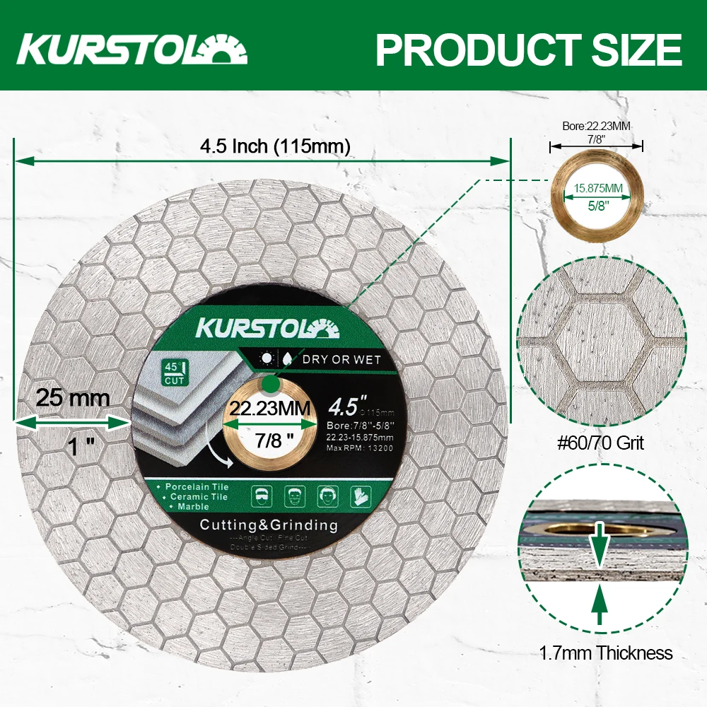 KURSTOL 2pcs 4.5inch/115mm Diamond Saw Blade Hex Double-sided Cutter Stone Granite Tile Ceramic Cutting Disc Grinding Wheel