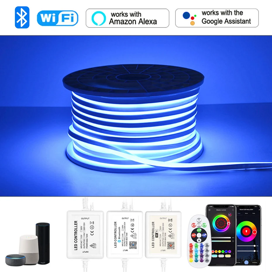 Waterproof 220V RGB Neon Light 10m 15m 20m 30m WiFi/Bluetooth/Remote Control RGB Led Neon Strip 5050SMD Ribbon Led Tape Light