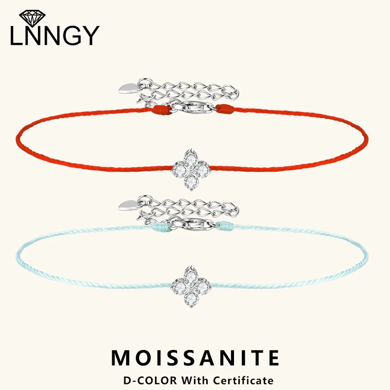 Lnngy 2.5mm Real Moissanite Diamond Bracelet 925 Sterling Silver Four-leaf Flower Red Rope Chain Bracelets For Birthday Gift