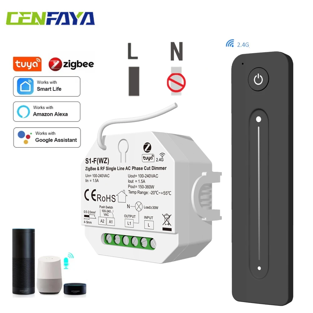 Single Line LED Controller No Neutral Wire AC Phase Cut RF Dimmer Zigbee TUYA Voice Control For Single Color Dimmable LED Lamps