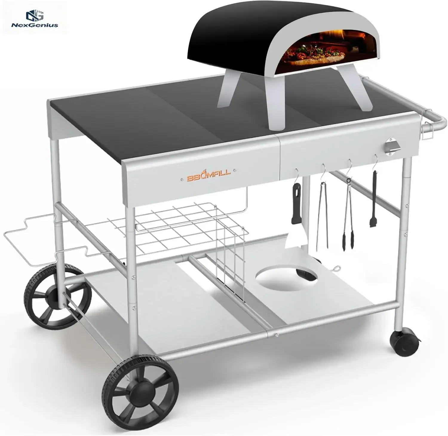 Upgraded Pizza Oven Cart Table for Ooni Koda/Karu/Fyra 16 & 12, Movable Thicken & Widen Rolling Kitchen Cart, Outdoor Grill Stan
