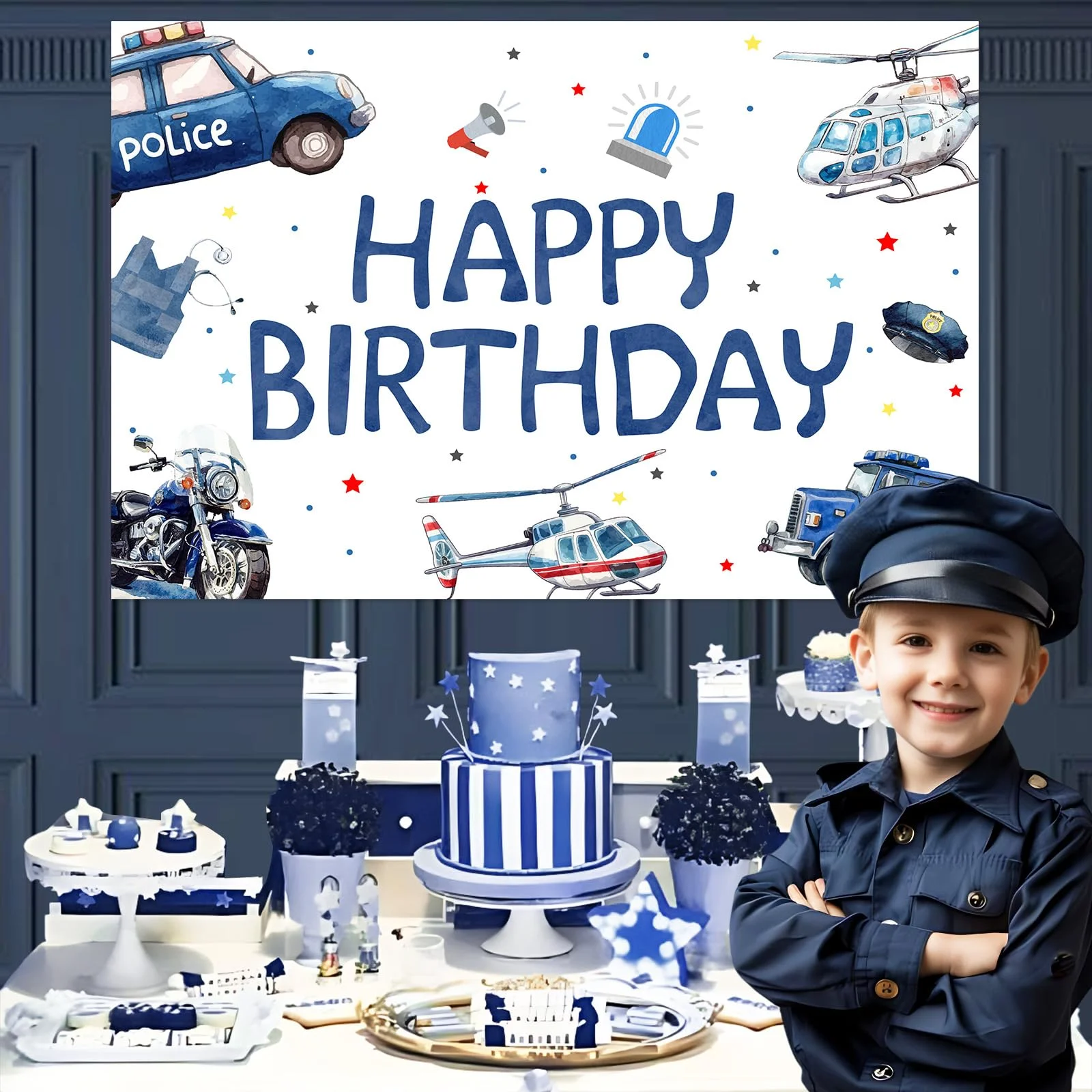 Emergency Vehicle Blue Birthday Backdrop Happy Birthday Sound The Alarm Photography Background Cloth Decorations Birthday Party