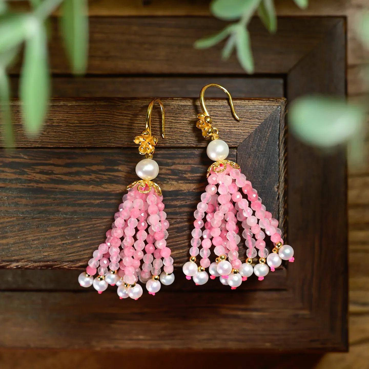 Natural Rhodochrosite Pearl Fringe Long Earrings, Luxury Elegant Drop Unique Beautiful Statement Ear Jewelry Gift