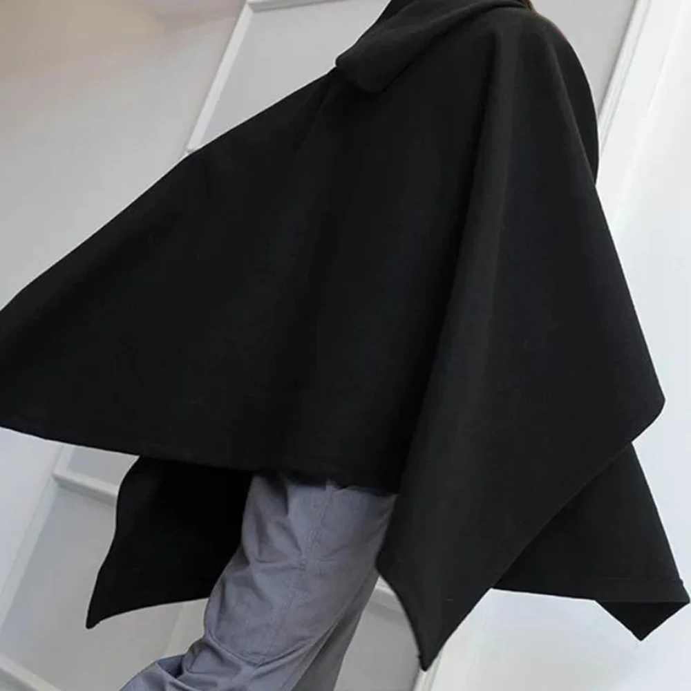 Mens Dark Style Mid-Length Casual Hooded Cape Autumn And Winter Genderless Fashion Retro Loose Solid Color Shawl Cape Unisex