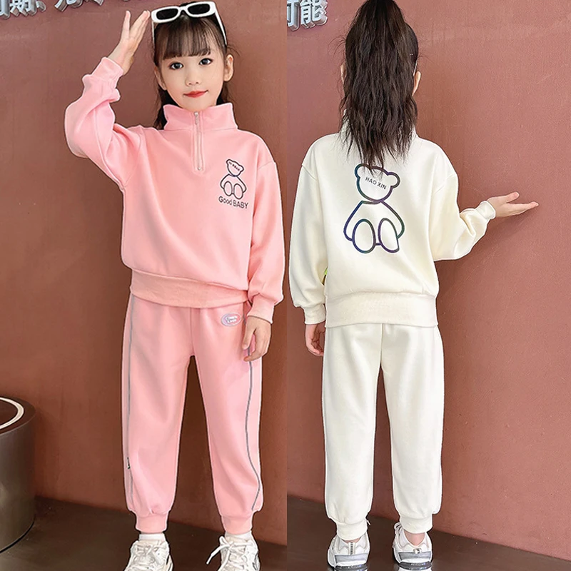 

Spring Autumn New Girls Clothing Set Cartoon Bear Print Lapel Pullover+Pants 2Pcs Suit For 2-10 Years Teen Girls Casual Outfit