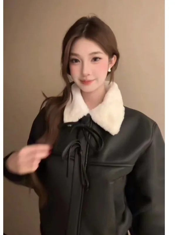 Manteau en cuir tendance coupe ample style américain avec col rabattu rétro – Vêtement d'extérieur élégant pour l'automne