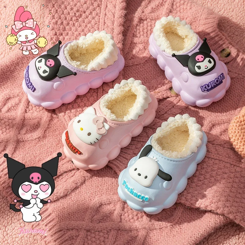 

Hot Sanrio Girl Kuromi Kawaii fashion outdoors slippers student winter fleece-lined keep warm child cotton slippers new style