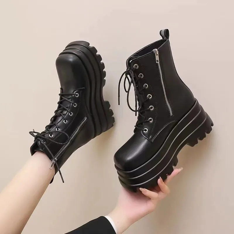 New Women Pu Leather Ankle Booties Woman Autumn Winter Round Toe Lace Up Shoes Woman Motorcycle Platform Gothic Boots Cosplay 11