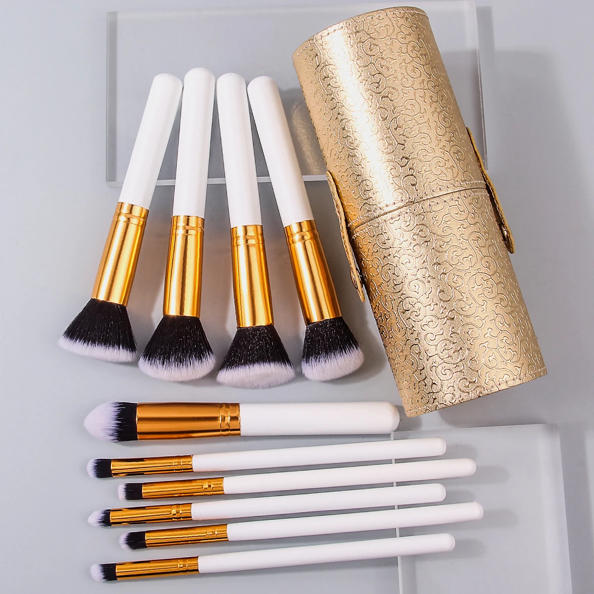 Juego de brochas de maquillaje con cubo de almacenamiento de gran capacidad, juego de brochas de maquillaje de nivel profesional para principiantes, bolsa de PU, 11 Uds.