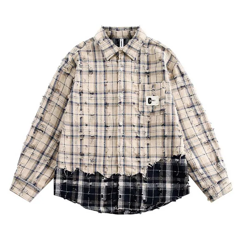 

Irregular Patchwork Fashion Shirts Long Sleeves Oversized Ripped Plaid Button Up Blouse For Male Loose Fit