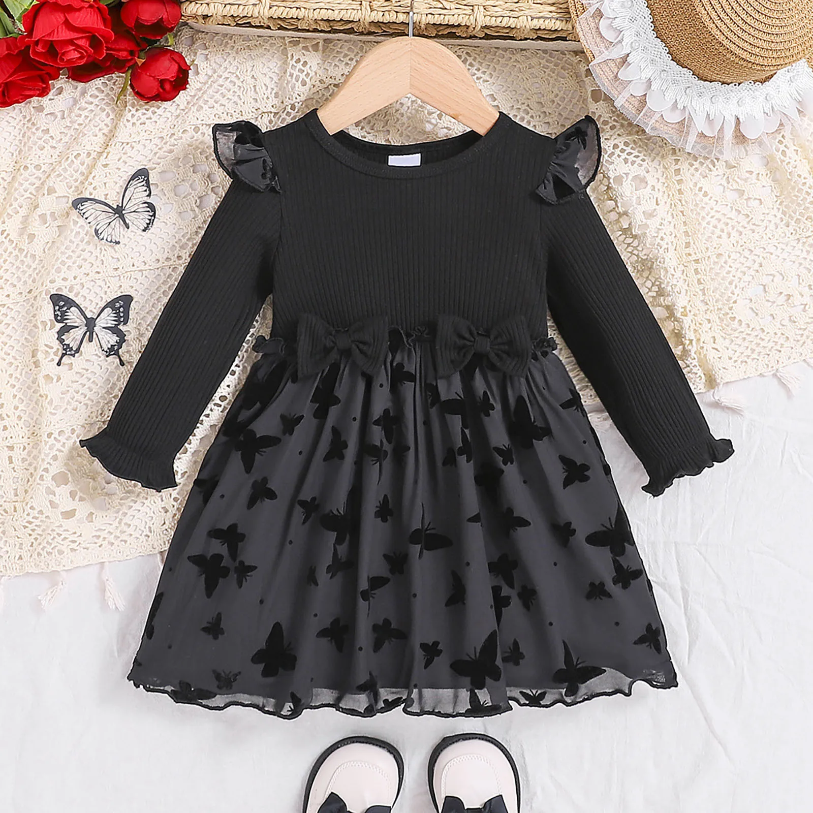 Dress Baby Girls 0-3Years Black Long Sleeve Ribbes Mesh Patchwork Dress For Girls Newborn Baby Girl Outfits Birthday Party Dress