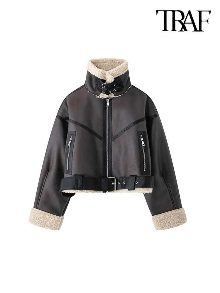 TRAF Winter Women Fashion With Belt Suede Lamb Leather Jacket Coats Faux Shearling Sheepskin Leather Outerwear Chic Tops