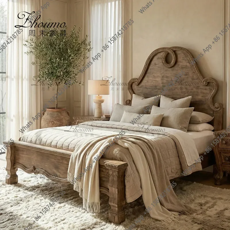 X32 French Retro Solid Wood Carving Flower Bed Double Antique 1.8 Meters Old Double Bed Villa Bed