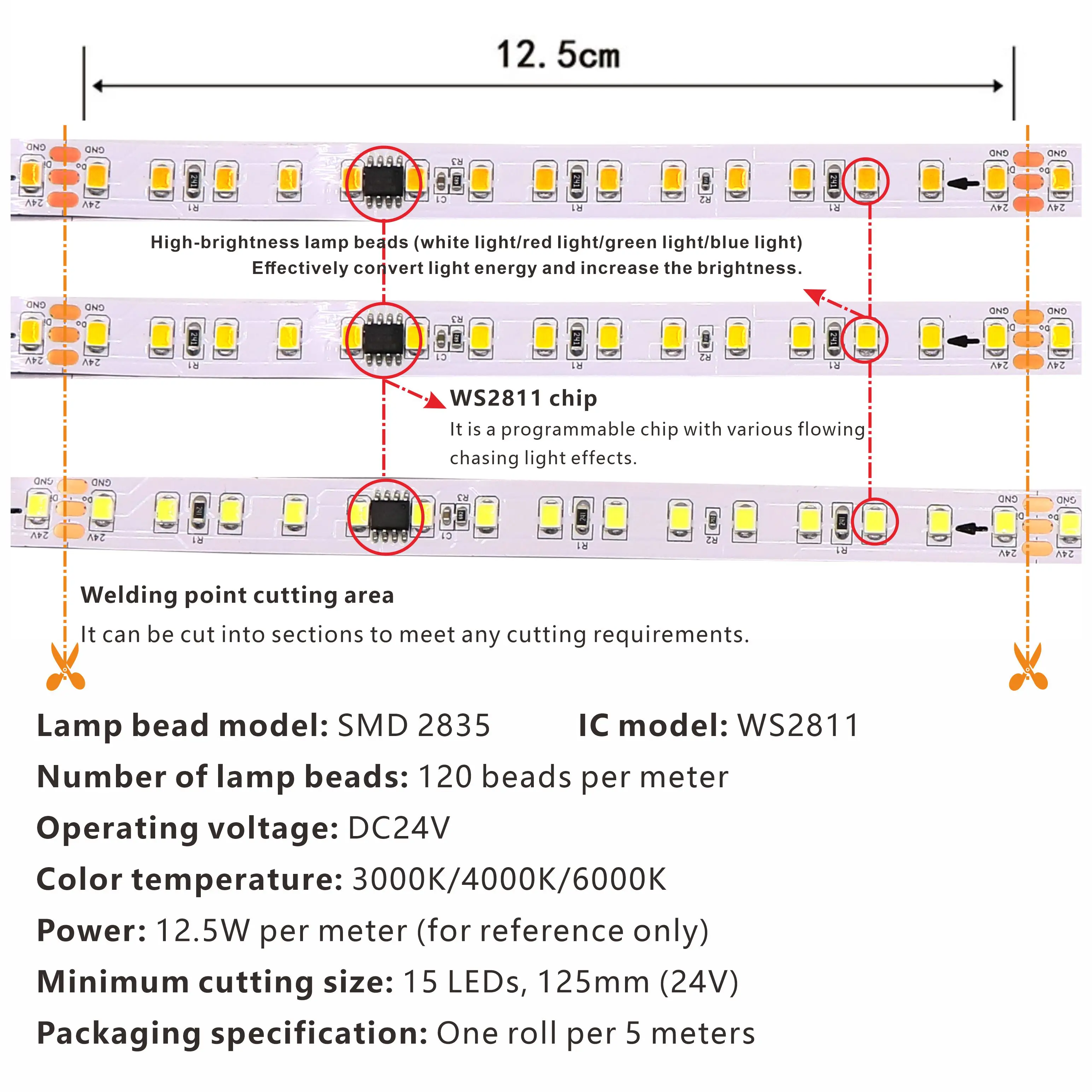 DC24V WS2811 Flowing Water LED Strip SMD2835 120LED/m Chasing Running Light Tape Cuttable For Home  Main Flexible LED Light DC24