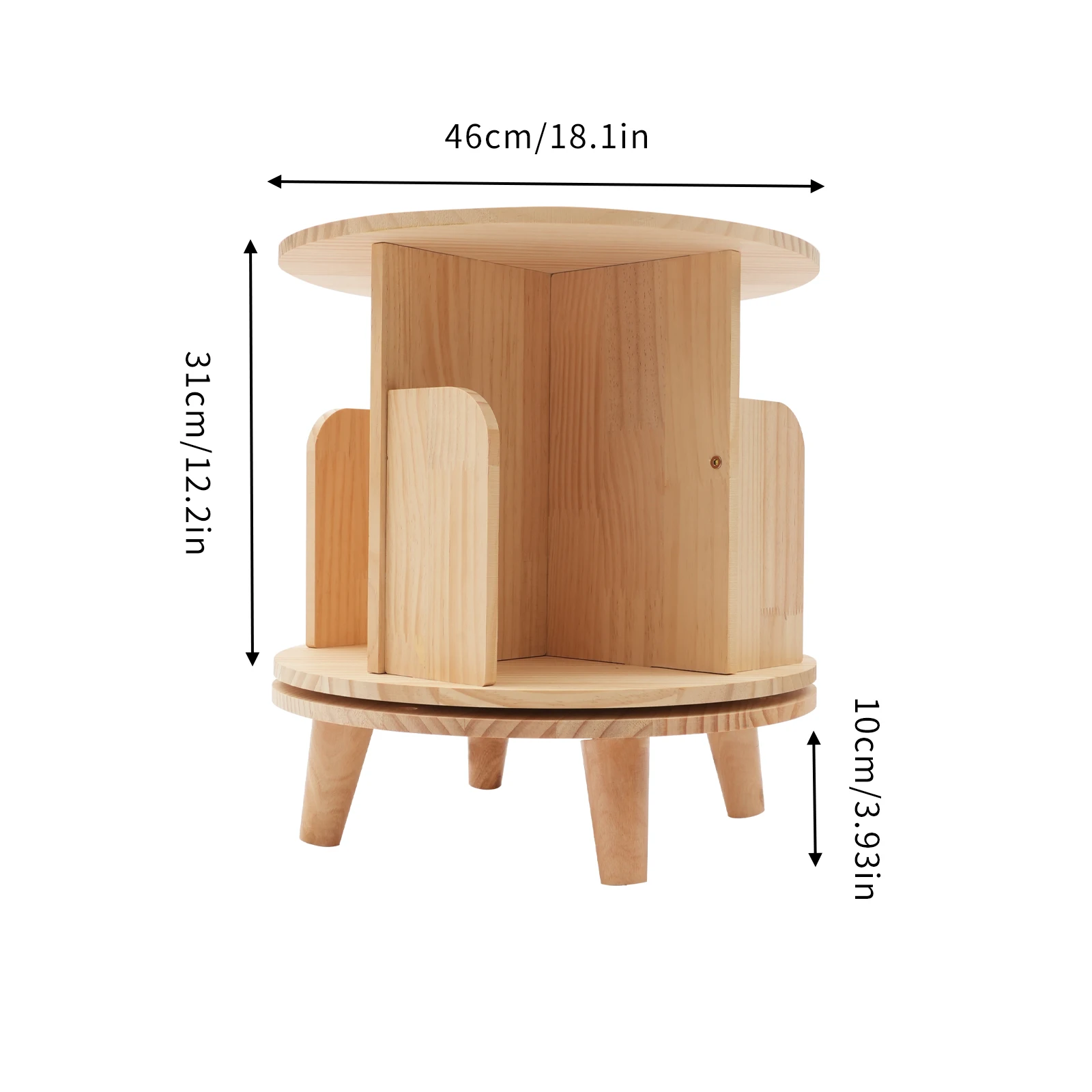 Revolving Bookstand with 4 Compartments, New Zealand Pine Wood, 110lbs Load Capacity, Space-saving Design for Books and Decor