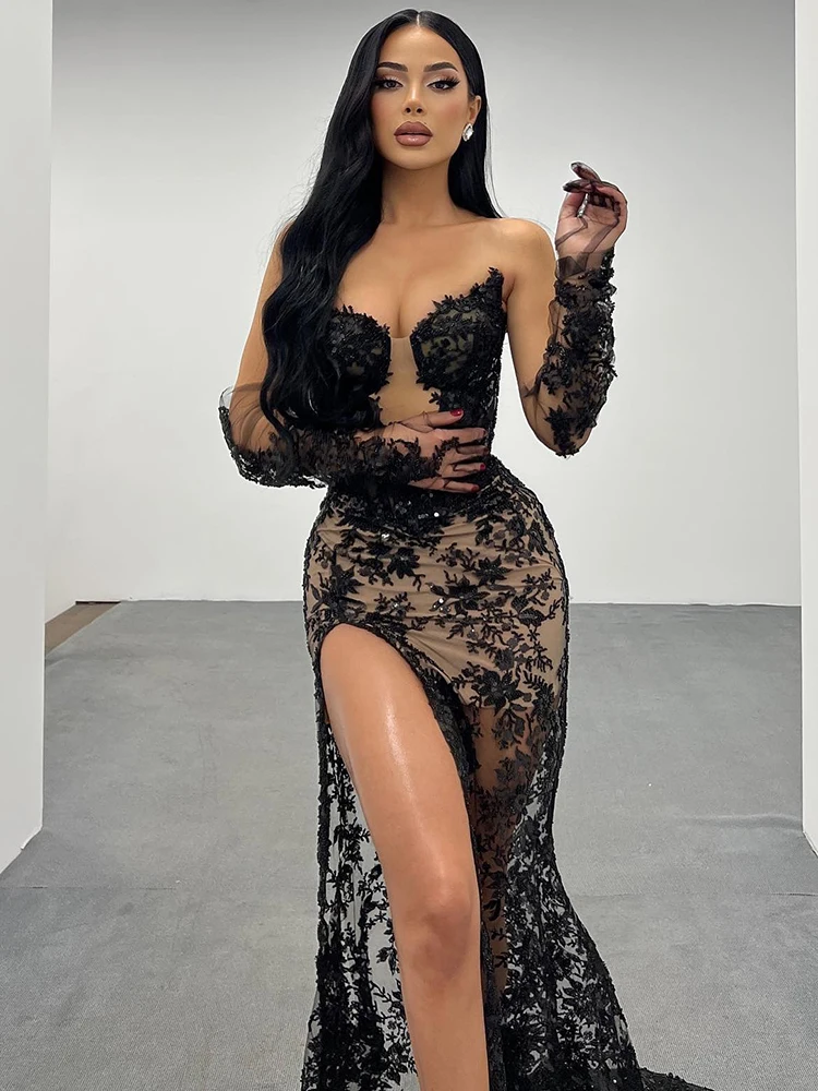 Strapless V Neck High Slit   Black Lace Mermaid Long Dress Prom Party Evening Gown with Gloves