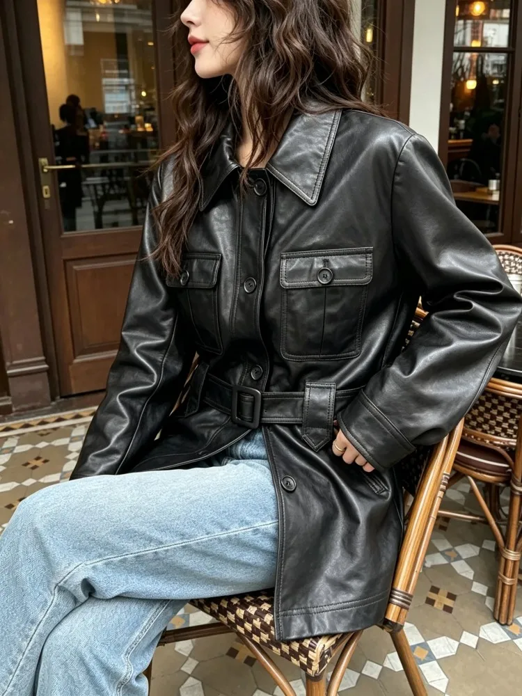 Women Oil Wax Sheepskin Genuine Leather Jacket Belted Waist Single Breasted Mid Long Coat Moto Biker Style Windbreaker Outerwear