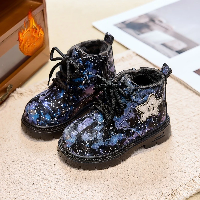 Bling Stars All Over Print Children Ankle Boots for Girls Soft Bottom Autumn Princess Shoes Child Shiny Kids Short Boots