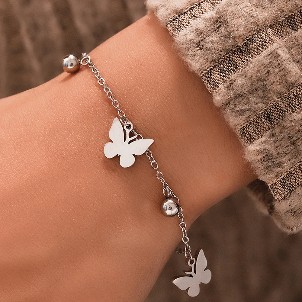 Stainless Steel Bracelet Elegance Temperament Butterfly Pendant Bead Chain Minimalist Mori Bracelet For Women Jewellery Gift New