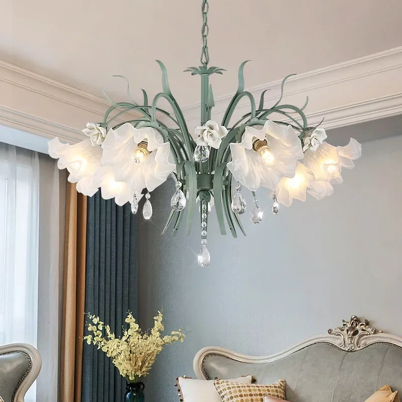 

Creative American Country Living Room Bedroom Lamp Simple Romantic Pastoral Dining Room Glass Crystal Flower Grass Chandelier